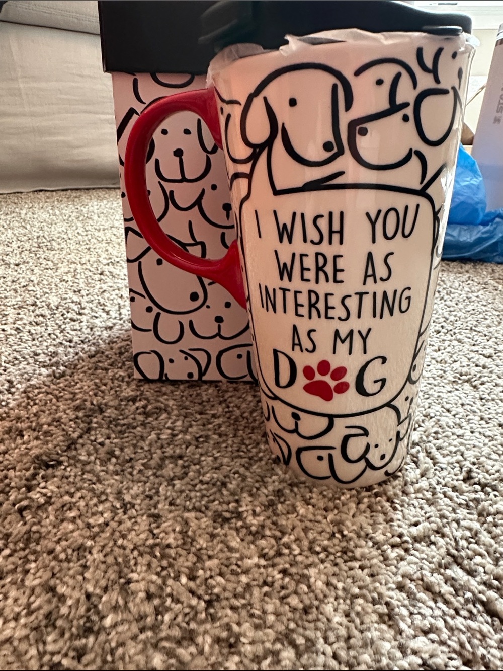 Ceramic Mug for dog lovers with Red Handle and Paw Accent